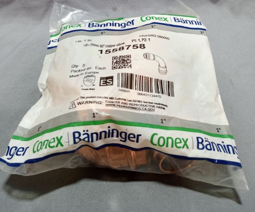 Lot Of 5 Banninger Conex 1558758 90° Copper Elbow