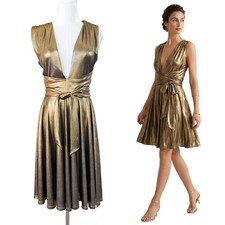 HALSTON Heritage Metallic Gold Liquid Jersey Deep V-Neck Dress Cocktail Medium