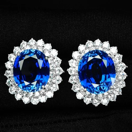 925 Sterling Silver Handmade Halo Earrings Elysian Vivid Blue Sapphire 18.25Ct
