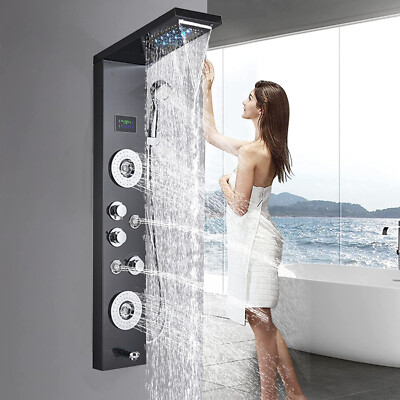 LED Rain&Waterfall Shower Panel Tower Massage Body Jets System Stainless Steel