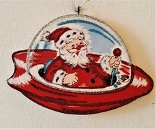 SANTA in FLYING SAUCER, SPACE SHIP  * Glitter CHRISTMAS ORNAMENT * Vtg Img