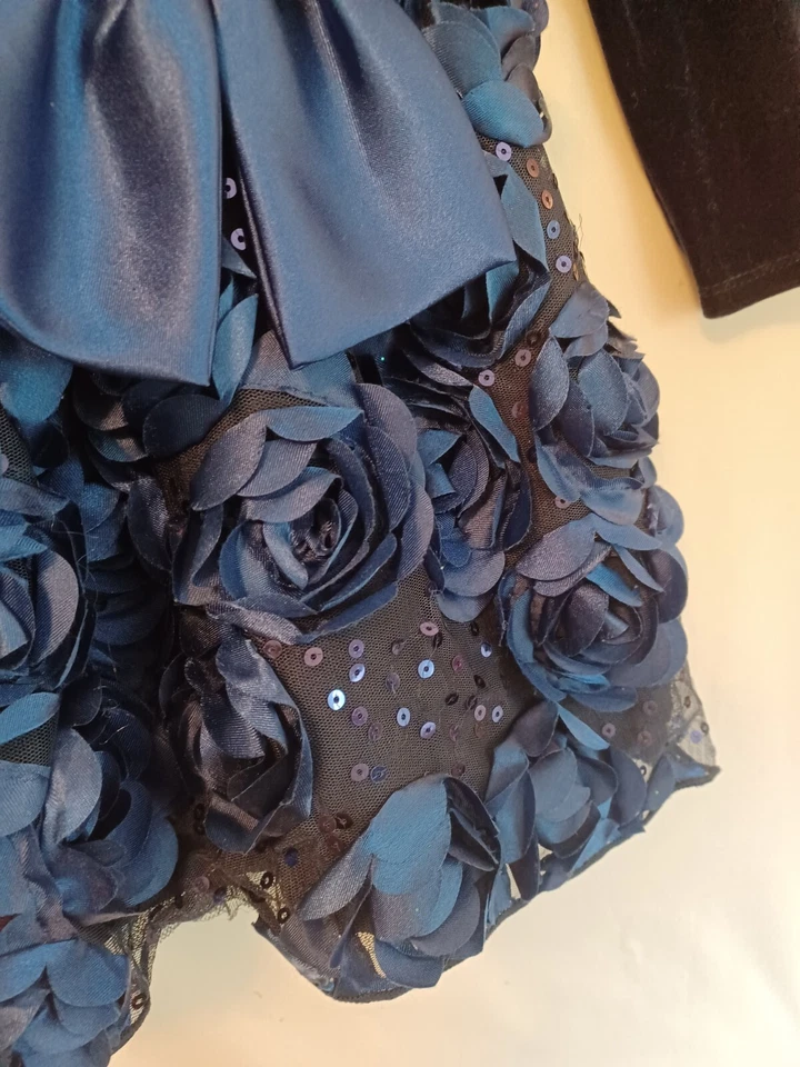 Vestido de fiesta de terciopelo azul marino/azul BLOOME DE JEUNE FILLE TALLA 10 con lentejuelas/rosas costaba $56 Foto 3 de 4