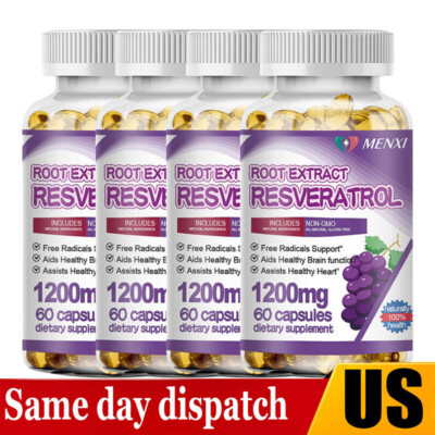 1-4×60Resveratrol Capsules Anti -Aging Antioxidants, Brain Support, Radiant Skin