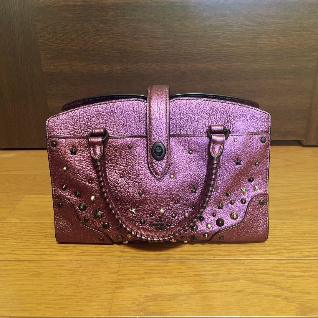 COACH 59146 MERCER 24 STAR RIVETS LEATHER SATCHEL 24 BAG Metallic 