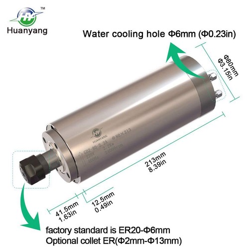 Spindle Motor 220V 2.2 KW 24000RPM Φ80mm 4 Bearings Water Cooling ER20 Huanyang - Picture 2 of 8
