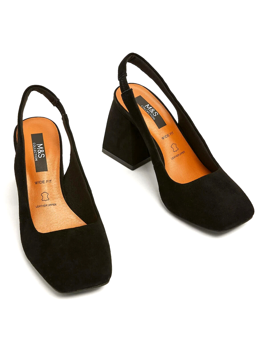 Ex M&S Women's Wide Fit Suede Block Heel Slingback Shoes Black UK