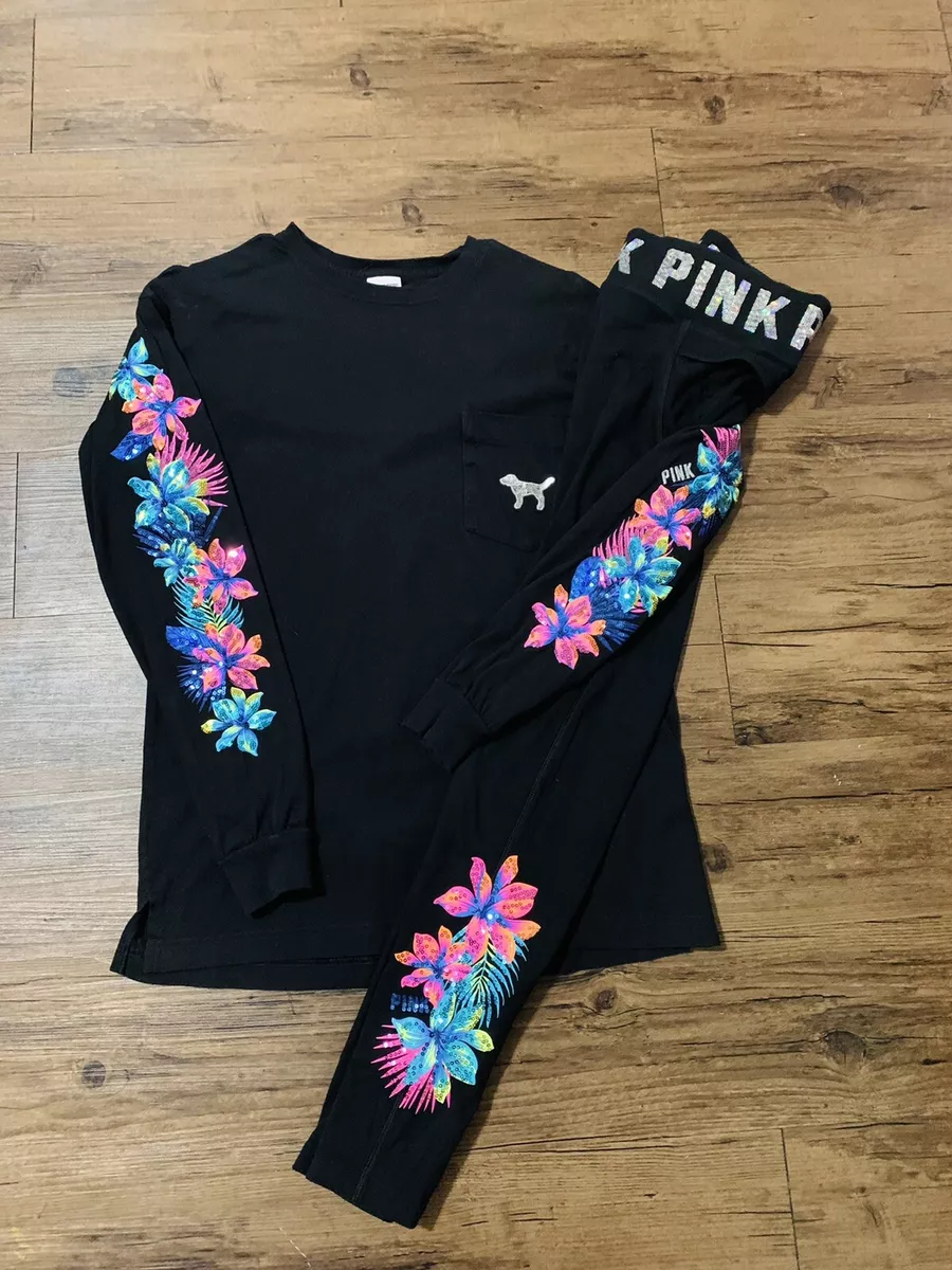 PINK VICTORIA’S SECRET HIBISCUS BLING SHIRT/ TROPICAL LEGGINGS OUTFIT SET S