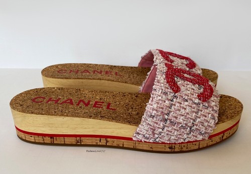 NEW 20P CHANEL RED PINK TWEED CC LOGO SLIDES FLATS MULES 41 - Picture 5 of 12