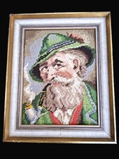 Gobelin Stickbild "alter Mann mit Pfeife "31,5x26 vintage im Echtholzrahmen