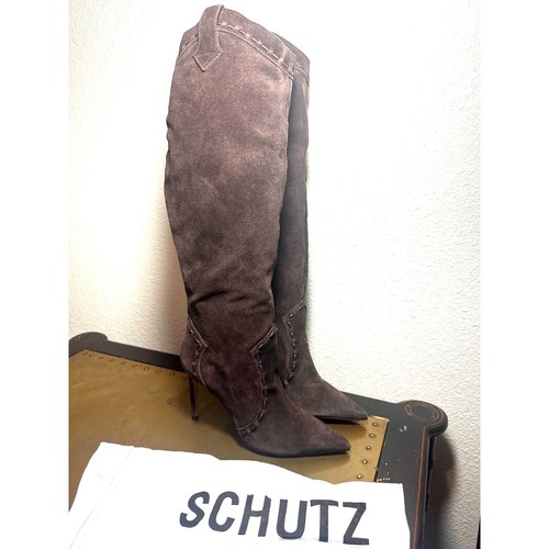 Schutz Revolve Pointed Toe Stiletto Heel Boot Tall Western Pull On Suede Brown - Picture 3 of 9