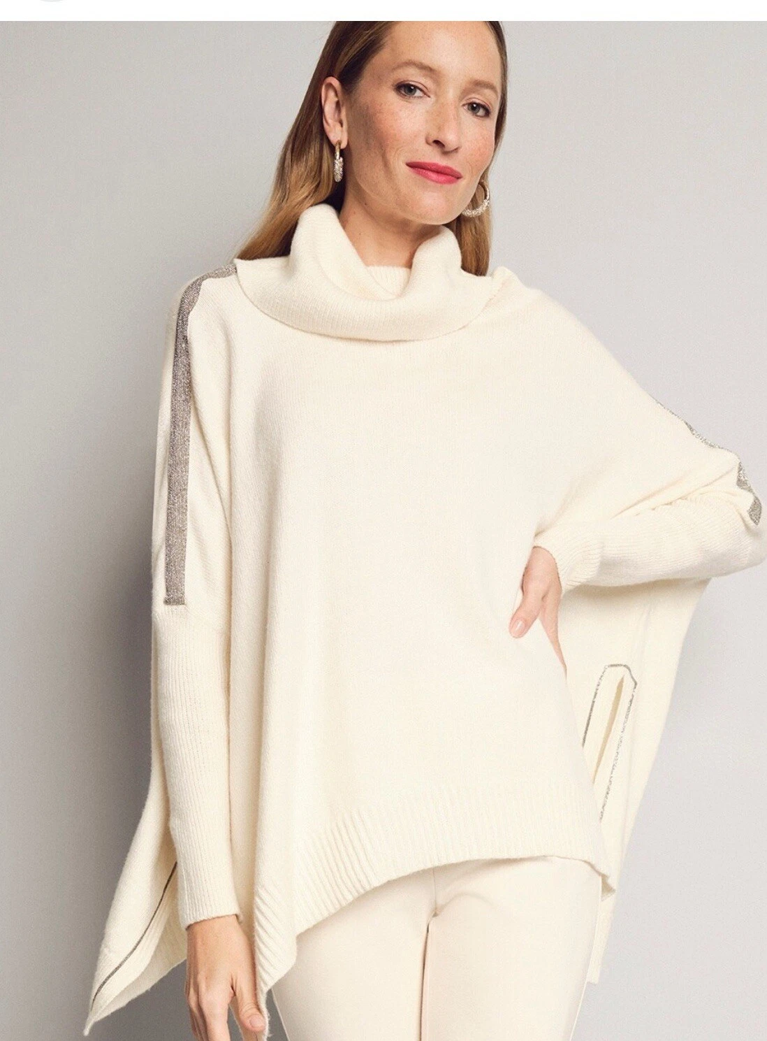 Chico’s Ball Chain Knit Poncho Ivory XS New* BG290