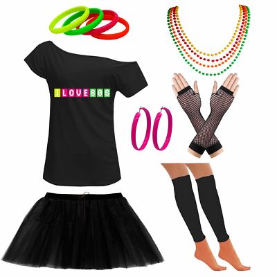 Damen Schulterfrei I Love 80er Jahre T-Shirt Tutu Rock Stulpen Party Accessoires