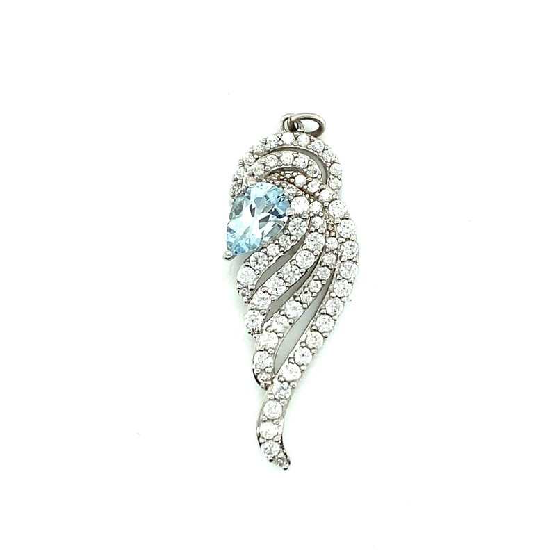 Sterling Silver Aquamarine & White Sapphire Angel Wing Pendant 1.20 Ctw