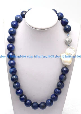 Echter 14mm Natürlicher Lapislazuli Edelstein & Weiße Barock Perle Halskette 18" - Bild 1 von 4