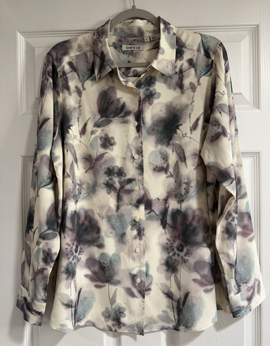 Orvis Silk Floral Print Long-Sleeve Button Up Blouse Shirt Womens Size L NWOT
