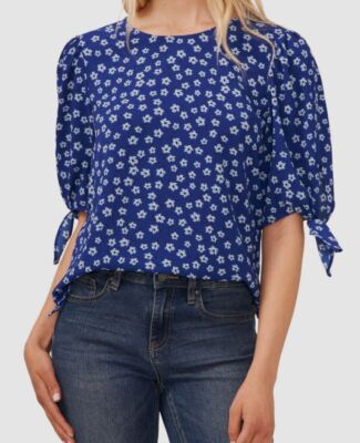 CeCe Women's Blue Printed 3/4-Tie Sleeve Crew Neck Blouse Top Size S
