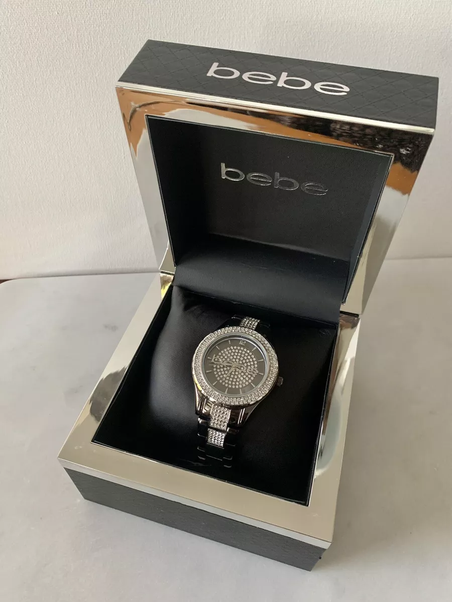NIB BEBE Comfortable Black Silver Diamond Studded Tone Women s Watch
