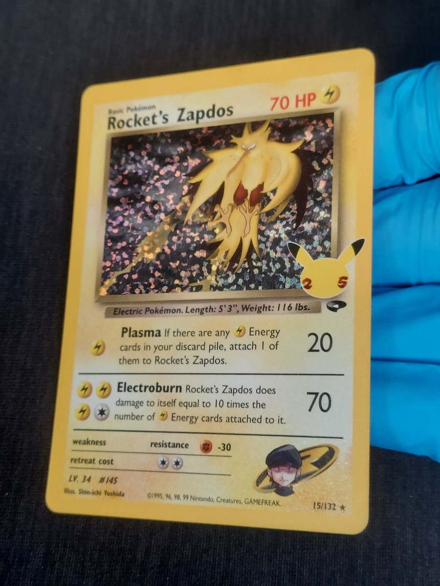 Pokmon TCG Rockets Zapdos Holo 15/132 25th Anniversary Celebrations Mint Pokmon TCG Rockets Zapdos Holo 15/132 25th Anniversary Celebrations Mint