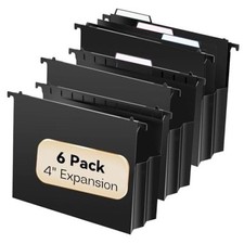 6 Pack Plastic Extra Capacity Hanging File Folders,4" Expandable Letter Black