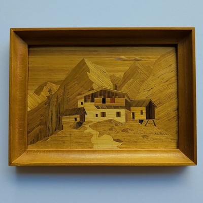 Vintage Hand Inlaid Wood Art Alpine Chalet Scene Framed Austria 1975