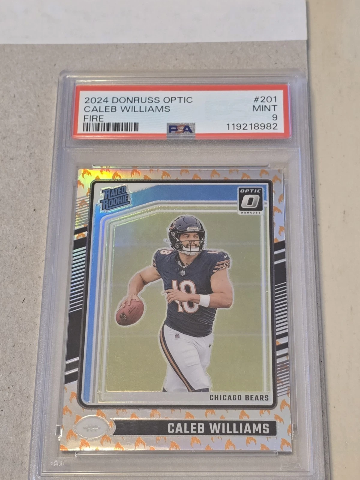 Deal for 2024 Donruss Optic Caleb Williams Fire Prizm RC #201 PSA 9 Mint POP 20 Rookie