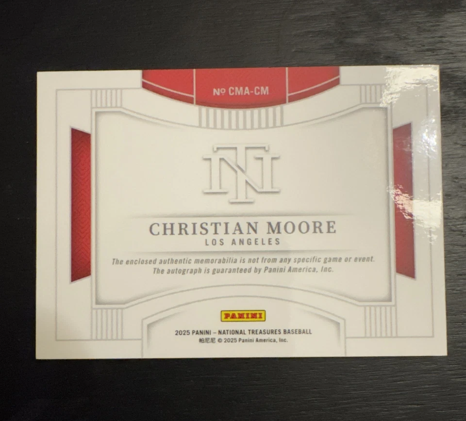 Parche Christian Moore 2025 Panini National Treasure Auto/99 4 colores CMA-CM Foto 2 de 3
