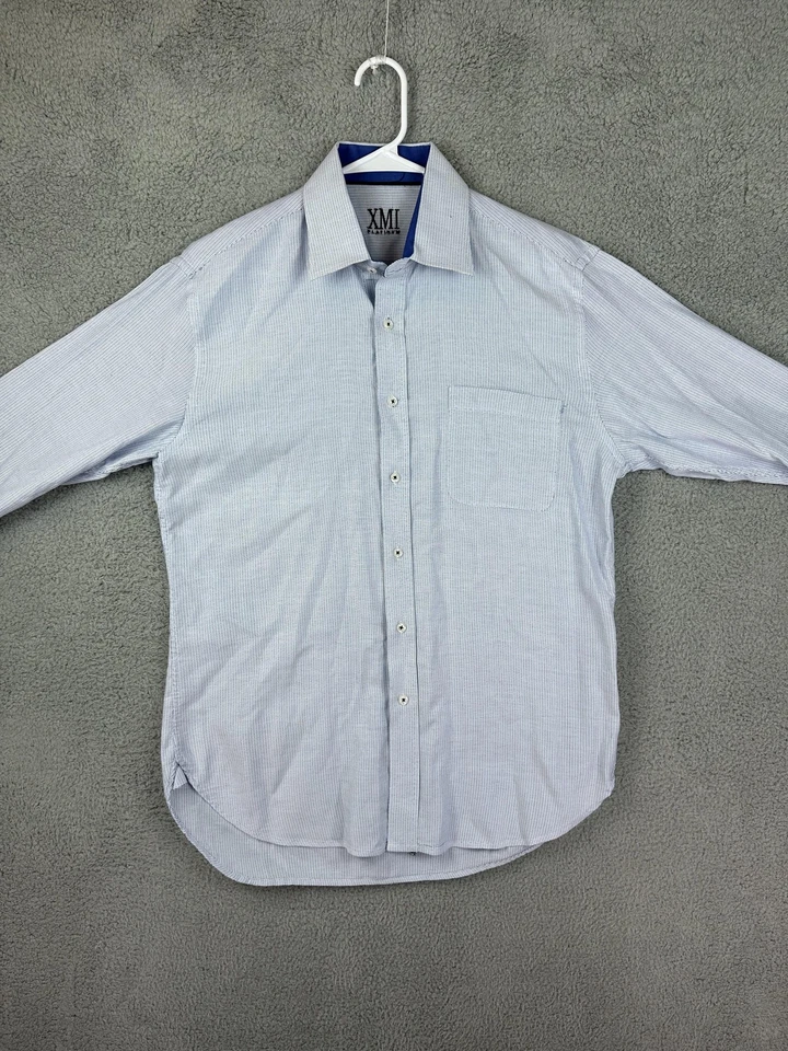 Camisa masculina XMI platina grande azul branca xadrez botão para baixo manga longa clássica - Imagem 2 de 4