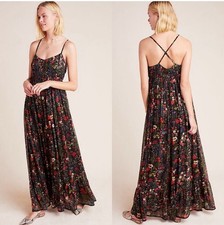 Anthropologie Payal Jain Floral Massima Pleated Maxi Sun Dress Black XS Whimsy