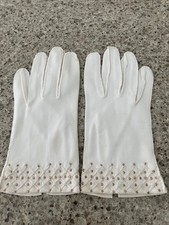 Vtg Ladies 1950  s Short Goldtone Beaded Gloves White Retro Wedding Prom MCM Prop