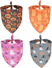 PTDECOR 4 Pack Halloween Dog Bandana, Pumpkin Ghost Design Large, Halloween-1 