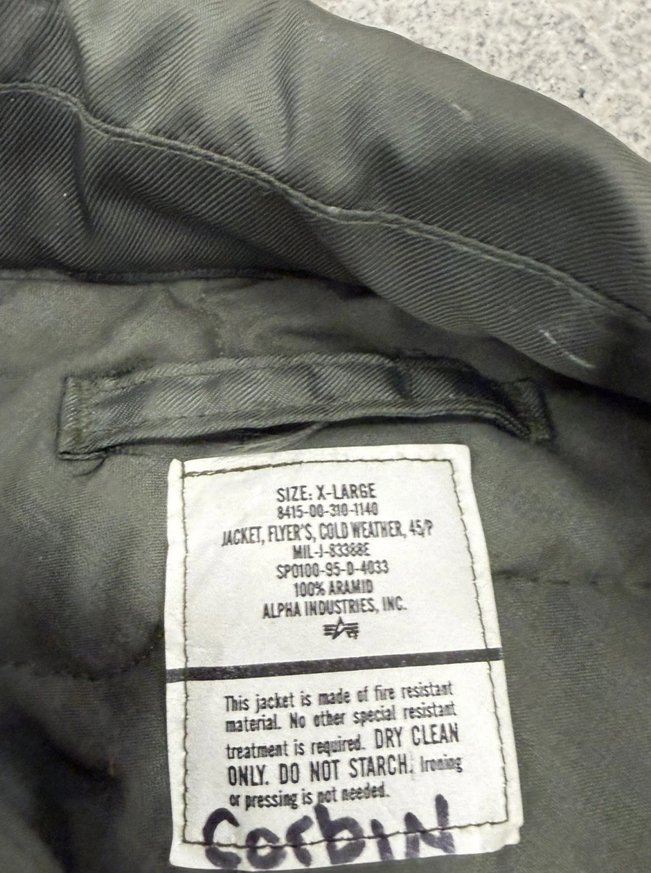 Vintage 90s Alpha Industries green CWU-45/P Flight Jacket Cold Weather xl - product detail image 2
