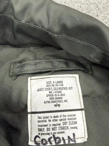 Vintage 90s Alpha Industries green CWU-45/P Flight Jacket Cold Weather xl image 2