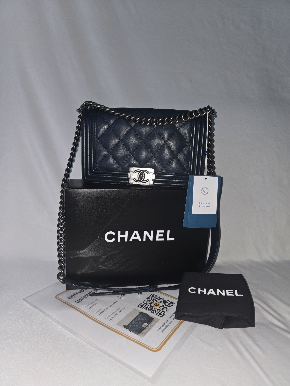 CHANEL Boy Old Medium Navy Quilted Lambskin Flap Bag RHW Entrupy COA Box
