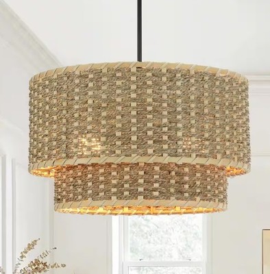Prime Ray Onyx 14 in. Adjustable 2-Light Rattan Drum Chandelier-Used
