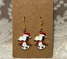 Snoopy Christmas Holiday Gold Loop Enamel Drop Dangle Adorable Earring Set