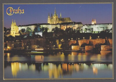 Praha Postcard Prague Czech Republic Prague Castle Night View Water Reflection