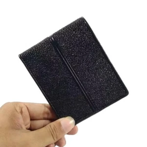 STINGRAY SKIN LEATHER BIFOLD MEN WALLET DOUBLE BLACK COLOR FREE SHIPPING 