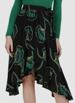 $265 ba&sh Women's Black Green Lena Gingko Wrap High-Low Flowy Midi Skirt 0/XS