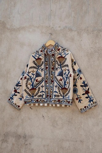 Indian Beige Suzani Printed Jacket Handmade Velvet jacket Women's Clothing US - Picture 3 of 4