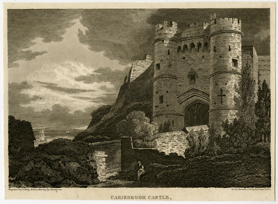 Antiker Druck-ARCHITEKTUR-CARISBROOK CASTLE-CHARLES I-Thompson-Greig-1805