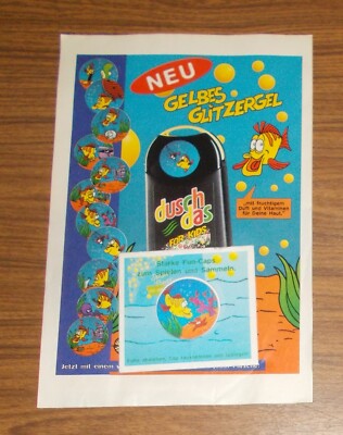 Seltene Werbung DUSCHDAS Shower Power Pogs Fun Caps Slammer + sealed Cap 1996