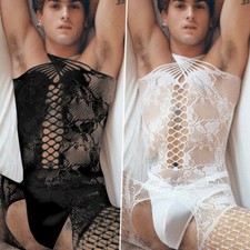 Hombres Gay Sissy Sexy Encaje Malla Red Bodystocking Ver A Través Lencería Body