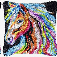 Rainbow Gallop Latch Hook Pillow Kit - Vibrant Animal Horse Design for DIY Cushi