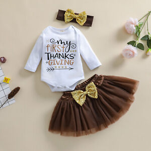 US Newborn Infant Girls Thanks Giving Day Romper Tutu Skirt Hairband Socks Set