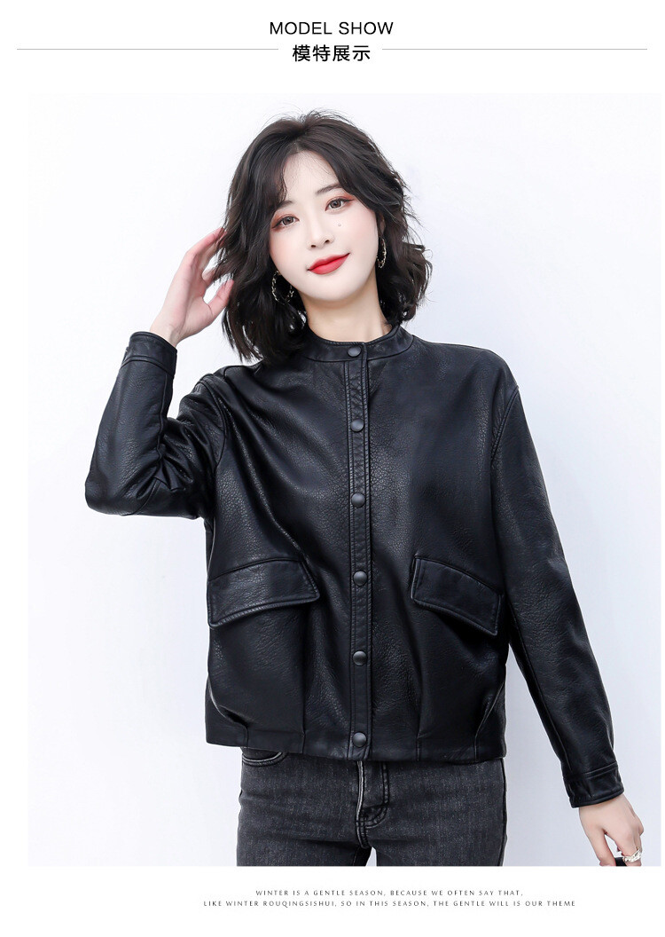 Short Faux Leather Jackets Women's Round Neck Button