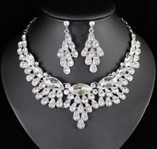 Attractive Clear Austrian Crystal Rhinestone Bib Necklace Earrings Set Prom N945