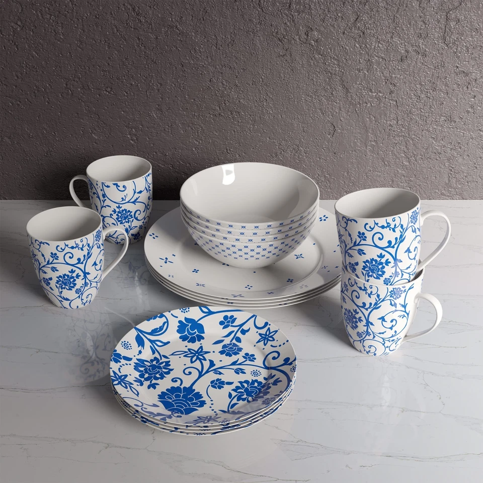 Juego de cena 16 piezas azul y blanco patrón floral ropa de cena Foto 3 de 4