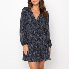 Madewell Navy Blue Abstract Speckled V-Neck Long Sleeve Mini Dress Size 6