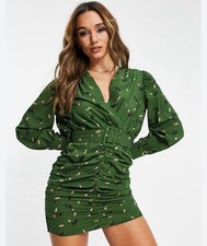 ASOS Green Plunge Neck Ruched Dress Sz 10 Celestial Cat Witchy Whimsigoth Gothic