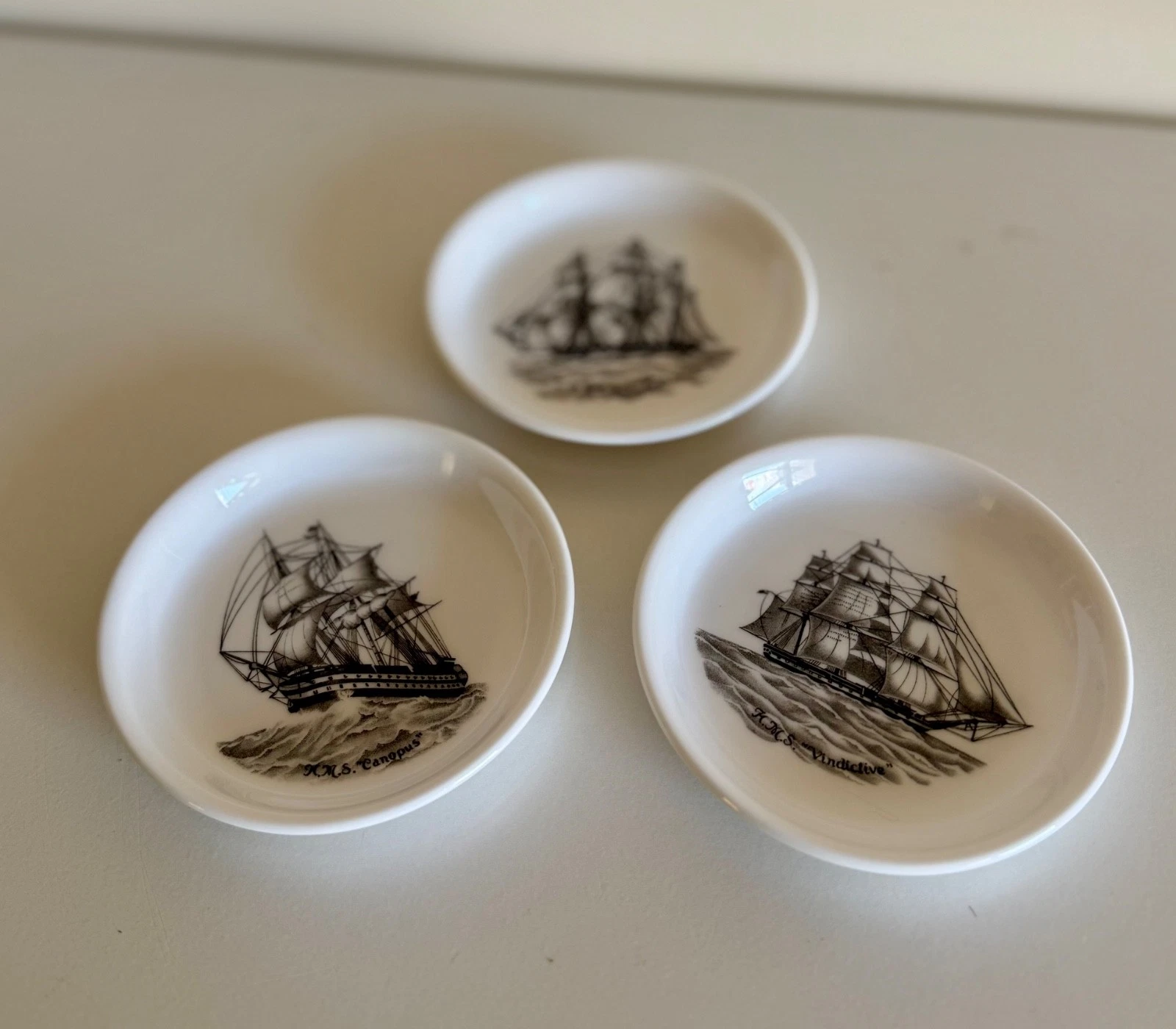 3 Spode Ship 3.75” Butter Pats Dishes HMS Canopus, Vindictive, Eurydice